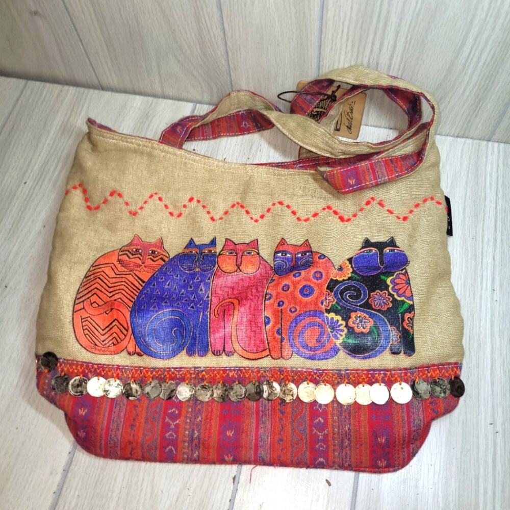 Laurel Burch Feline Friends Cat Print Purse Canvas Tapestry Shoulder Bag Tote